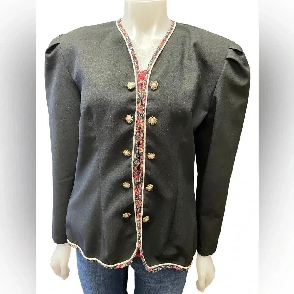 Vintage Euro Mode Floral Trim Button Blazer Size 12